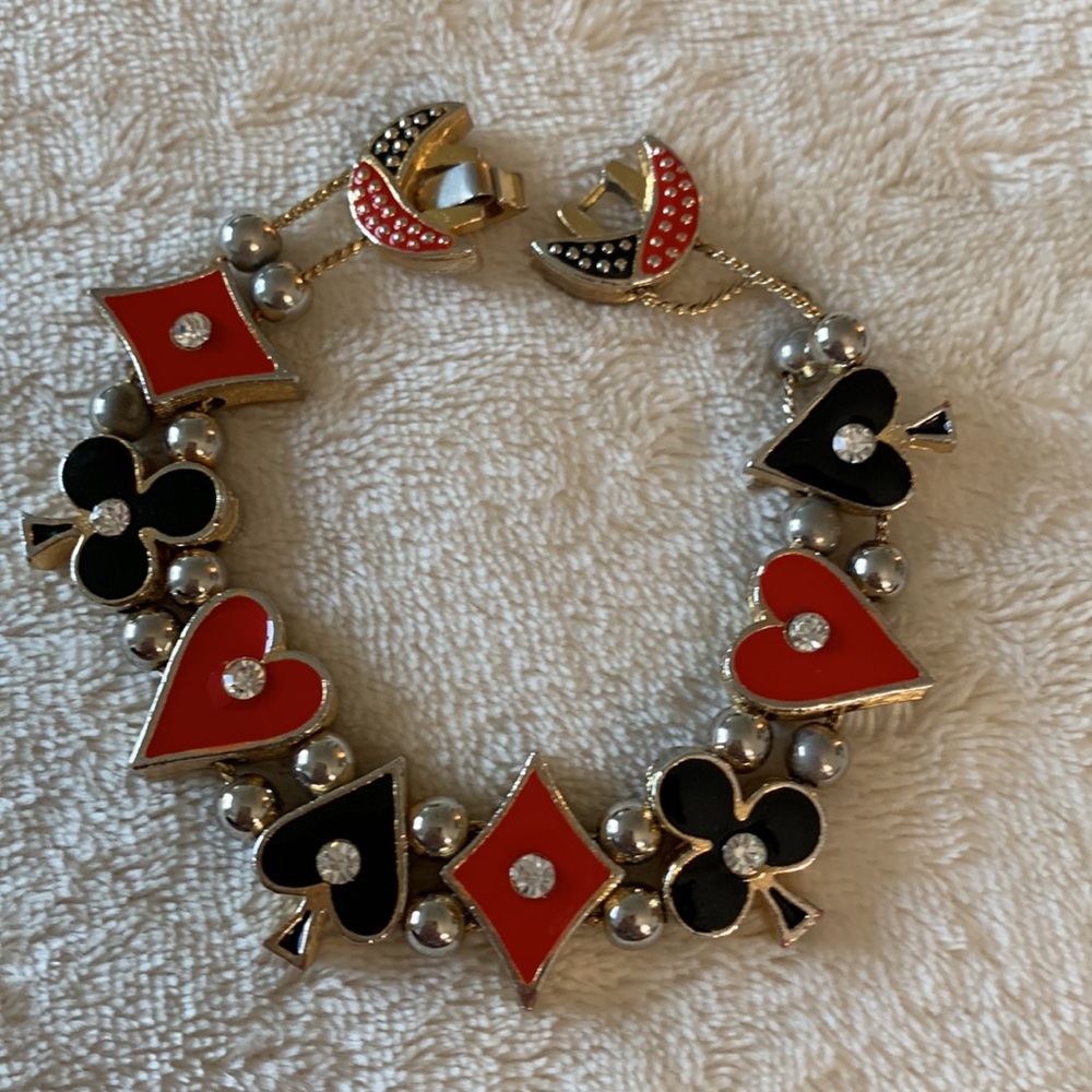 Vintage Gold, Red and Black Slide Bracelet Featuring Playing Card Charms